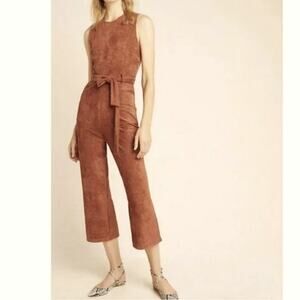 Anthropologie Cropped Jumpsuit Faux Suede Sleeveless Tie Waist Brown L